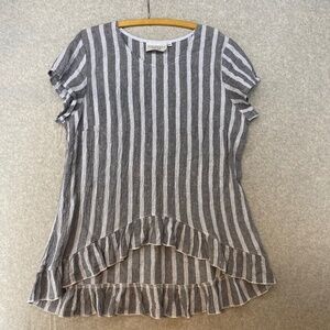 GODDESS GEAR XL  Ruffle Asymmetric Organic Linen Top • Vertical Grey Stripe